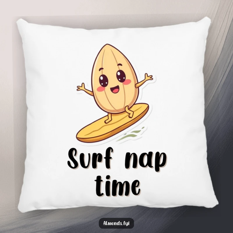 Funny googly-eyed almond character hilariously surfing a peanut, depicted on a soft and cozy pillow for humorous home decor.