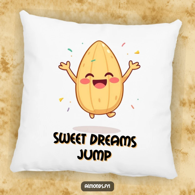 Funny pillow with a cheerful almond character jumping with sprinkles, offering soft comfort and a humorous dose of pure joy.