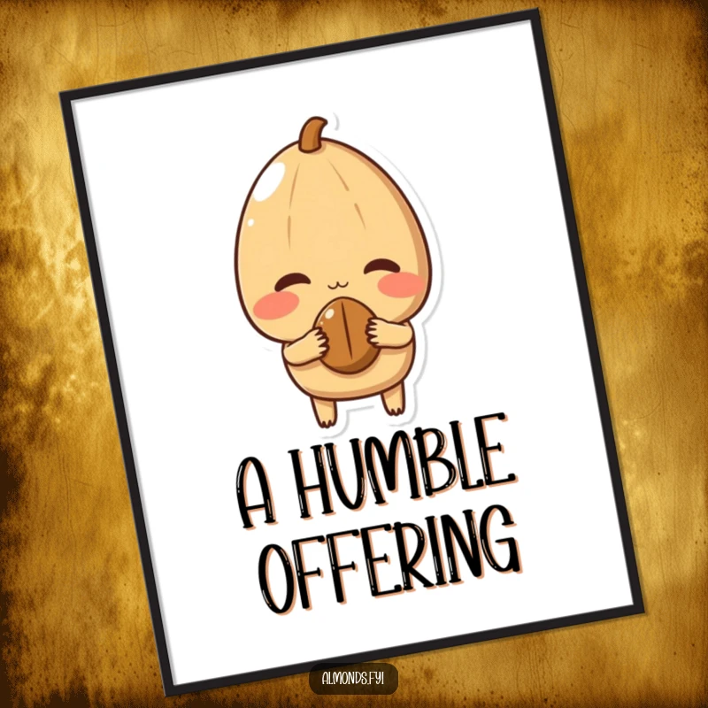 Funny Digital Art Print of a shy almond character blushing while offering a small nut, capturing sweet, bashful affection.