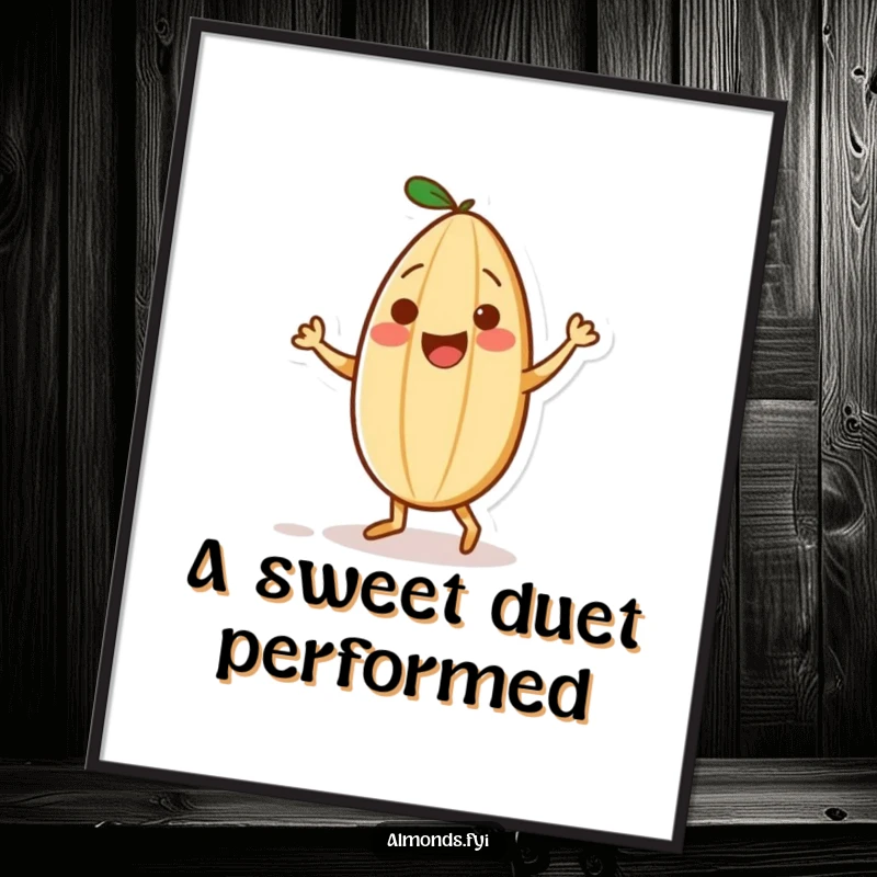 Funny digital art print of a playful almond character dancing with a tiny sprinkle as a partner, creating a joyful and energetic scene.