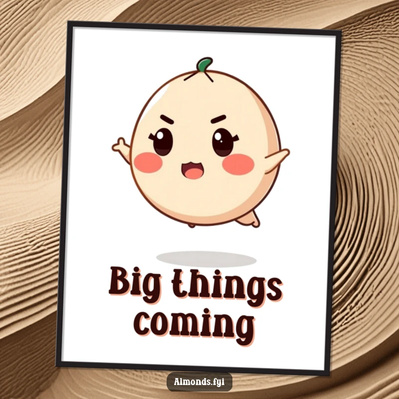 Funny digital art print of a determined, round almond character with a fierce expression, poised to leap into action.