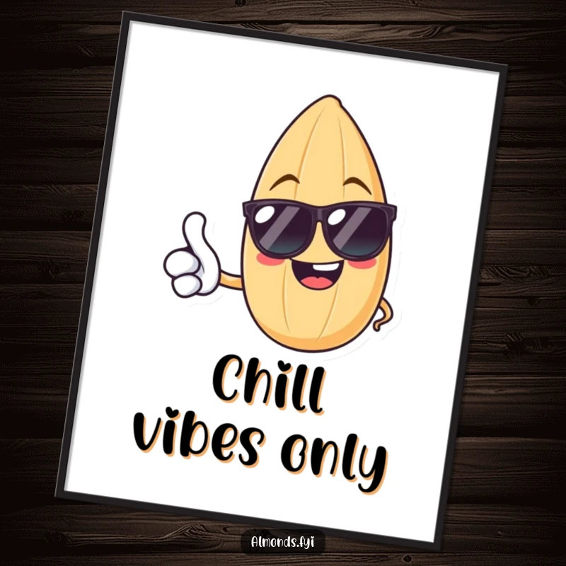 Funny digital art print of a cheerful almond in sunglasses giving a thumbs up, perfect for instant wall decor and smiles.