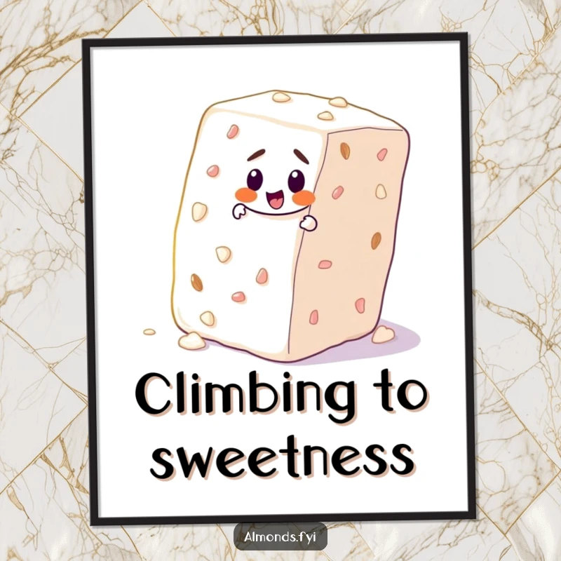 Funny digital art print of a determined almond character scaling a giant sugar cube, symbolizing ambition and perseverance.