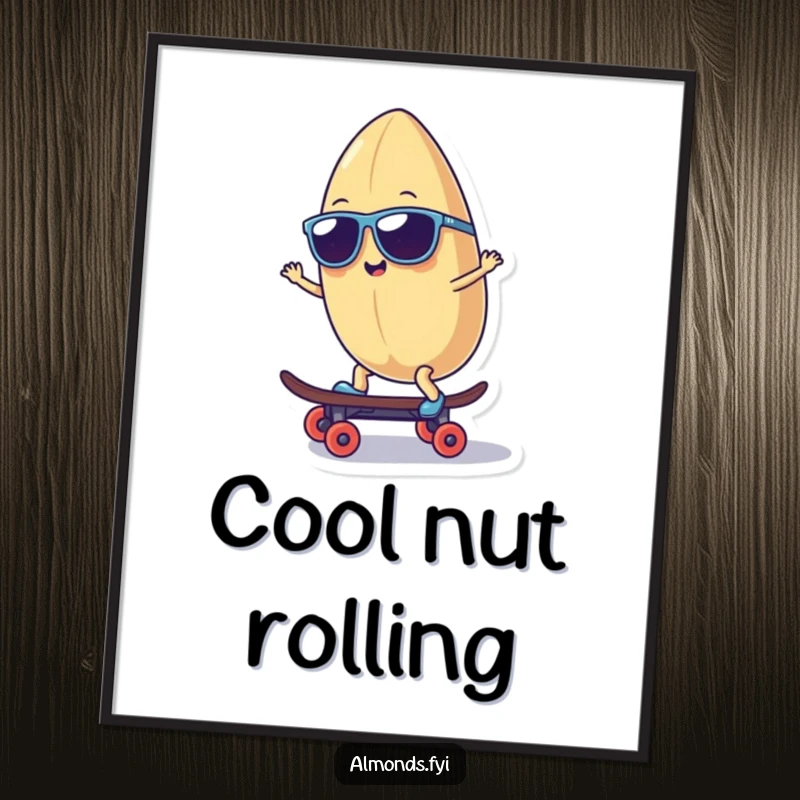 Funny digital art print of a smiling almond character wearing sunglasses, riding a tiny skateboard, ideal for humorous digital decor.