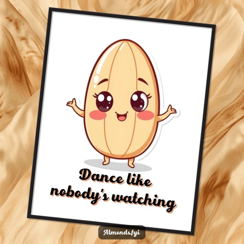 Funny digital art print of a playful almond character with googly eyes doing a comical wiggle, perfect for instant humorous wall decor.