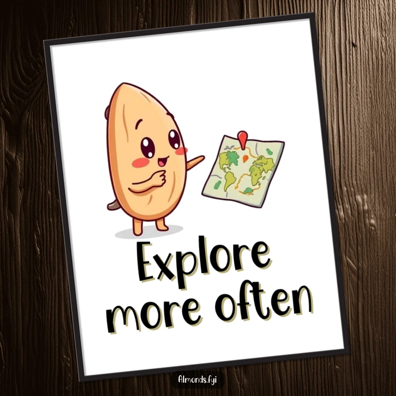 Funny digital art print of a curious almond character pointing with excitement at a small, detailed adventure map.
