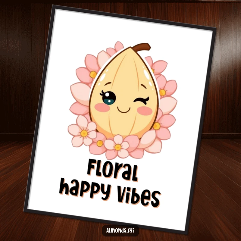 Funny digital art print of a smiling almond character surrounded by vibrant petals, offering instant cheer and a floral aesthetic.
