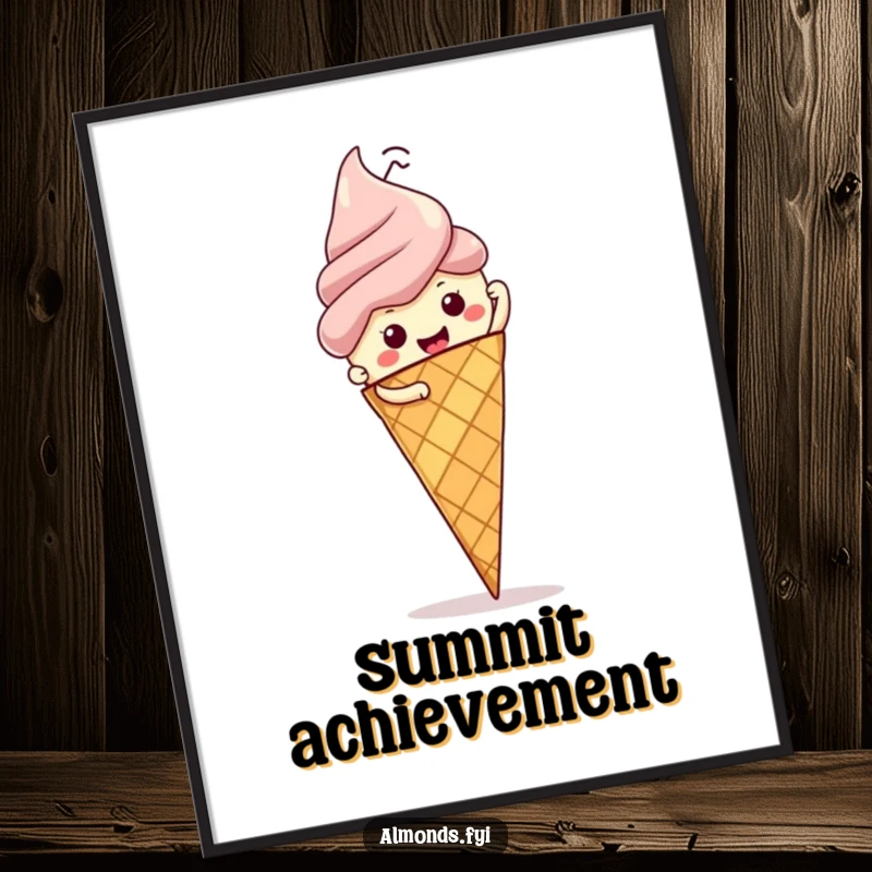 Funny digital art print: vibrant image of a determined almond character climbing a colossal ice cream cone, offering a dose of humor.