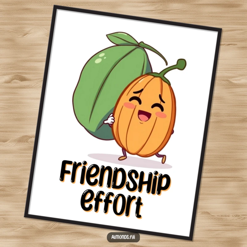 Funny digital art print of a determined almond character comically pushing a huge, friendly raisin, for wall decor.