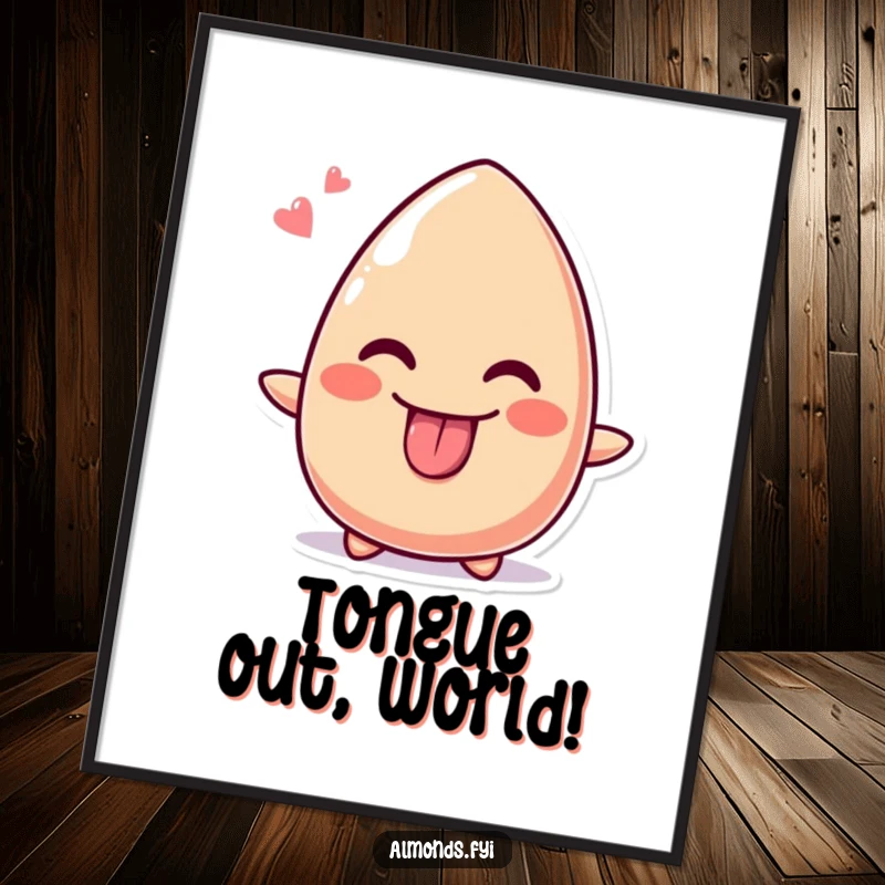 Funny digital art of a cute almond character sticking its tongue out with a cheeky grin for instant download.