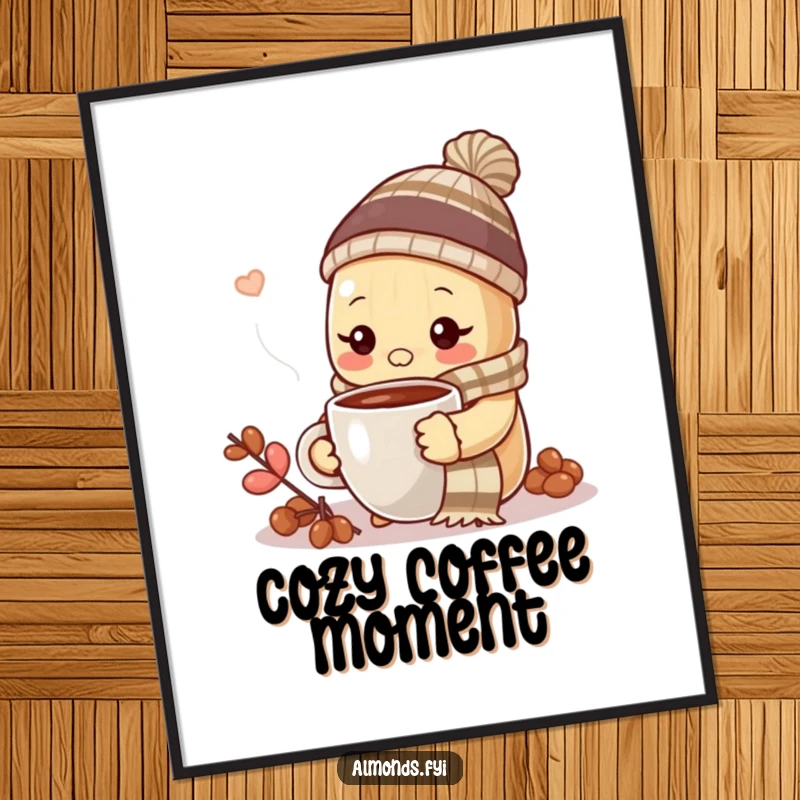 Funny almond wearing a scarf and hat, enjoying hot coffee, as a digital art print.