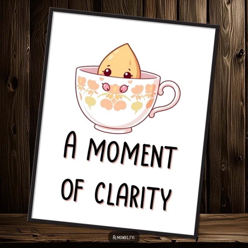 Funny digital art print of a curious almond character peeking from a giant teacup, creating a whimsical and engaging image.