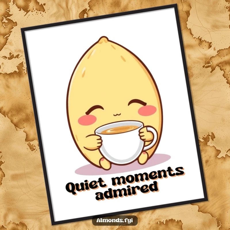 Funny digital art print of a contented almond character with closed eyes, peacefully enjoying a tiny cup of tea, symbolizing ultimate relaxation.