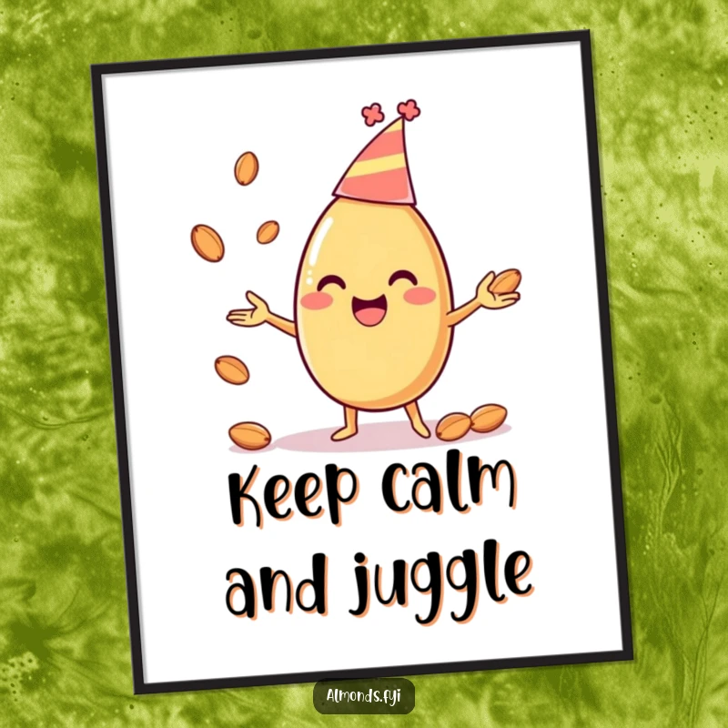 Funny digital art print of a happy almond character in a party hat, juggling smaller almonds, perfect for instant festive wall decor.