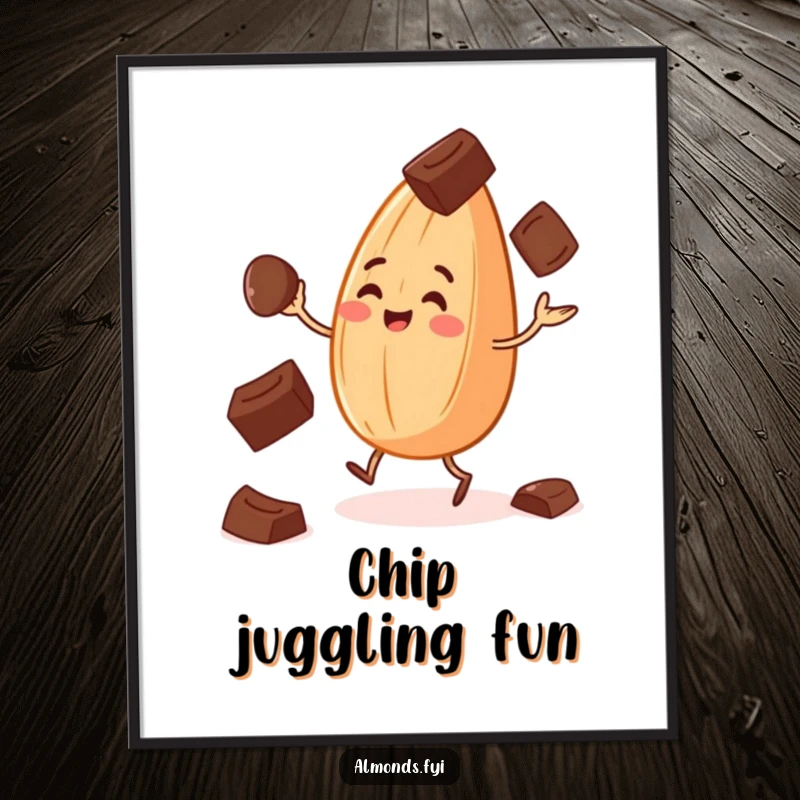 Funny digital art print of a cheerful almond juggling chocolate chips, perfect for humorous and sweet decor.