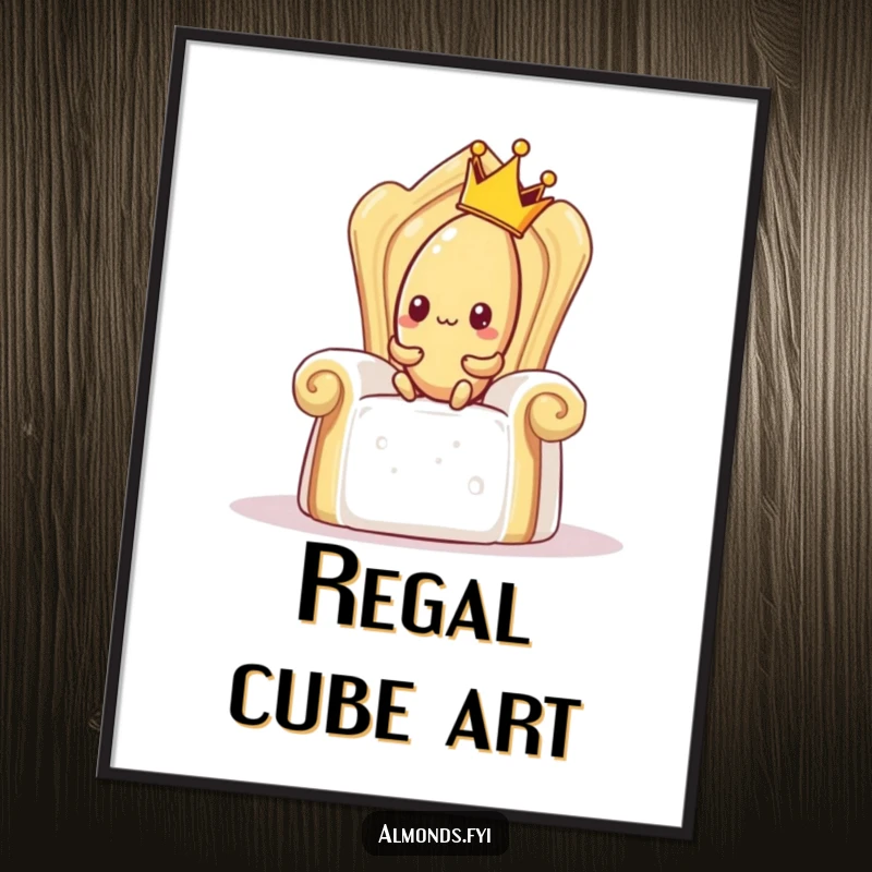 Funny digital art print of a shy almond wearing a crown on a sugar cube throne, whimsical and humorous wall decor.