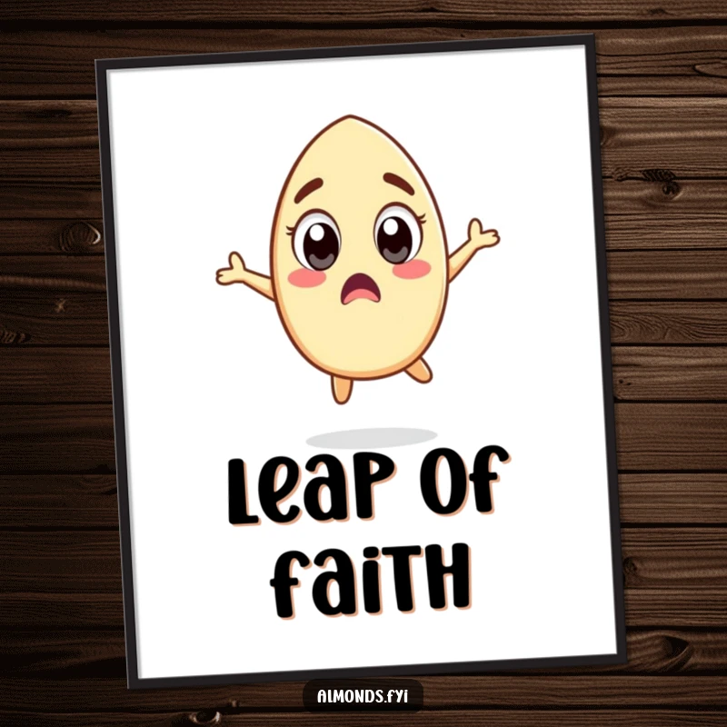 Funny digital art print of a surprised almond character with wide eyes doing a silly jump, perfect for instant humorous wall decor.