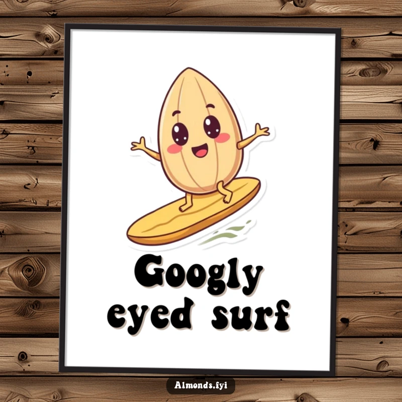 Funny googly-eyed almond character joyfully surfing a peanut, available as a high-resolution digital art print for instant decoration.