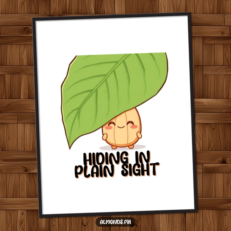 Funny digital art print of a grinning almond character peeking from behind a large leaf, ready for framing.