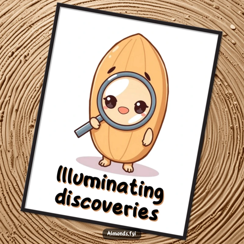 Funny digital art of a curious almond character peering through a magnifying glass, offering a humorous and detailed visual.