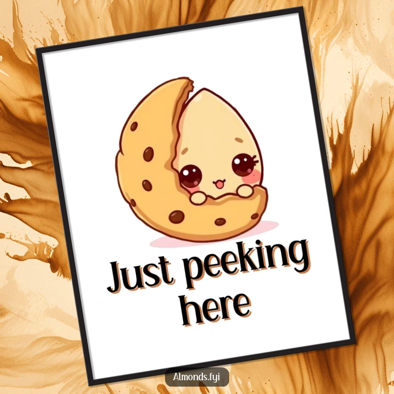 Funny digital art print of a curious almond character peeking from behind a cookie, symbolizing sweet discovery. A great funny gift.