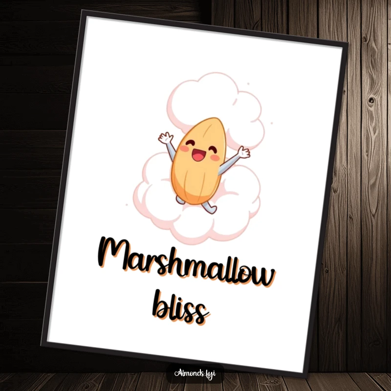 Funny digital art print of a delighted almond character leaping with joy into a huge, friendly marshmallow cloud, symbolizing sweet dreams.