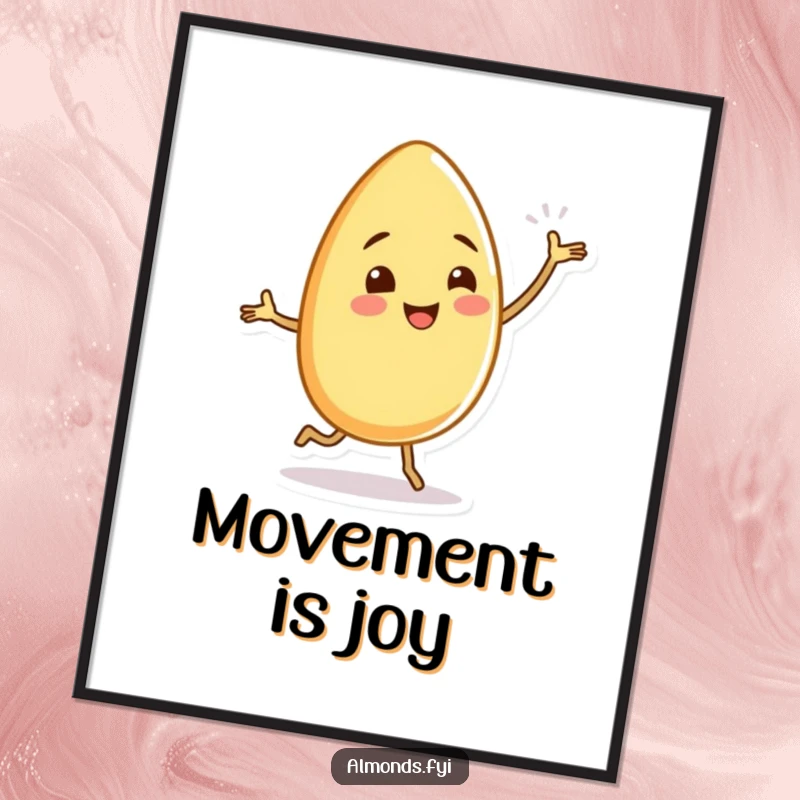 Funny almond character doing a silly dance with tiny, wiggling legs, available as a digital art print for instant humor.