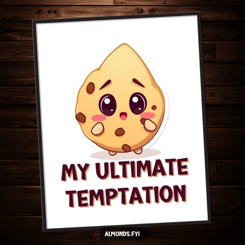 Funny digital art print of a wide-eyed almond character surprised by an enormous cookie, creating a humorous and eye-catching image.