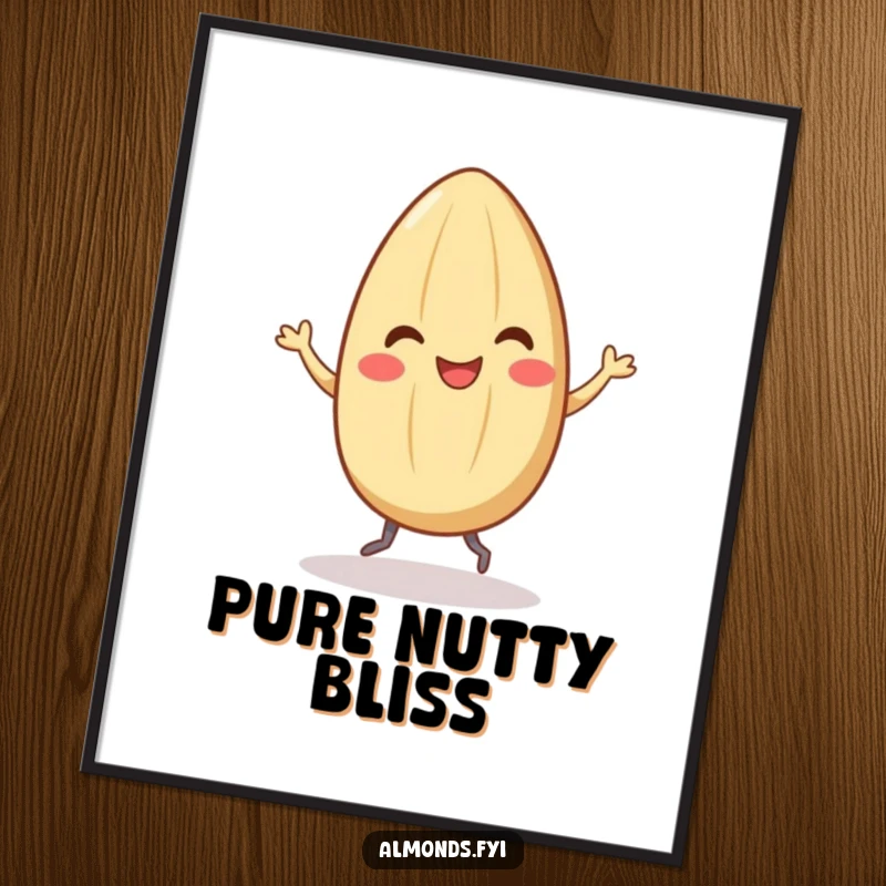 Funny digital art print of a smiling almond character doing a vigorous dance with tiny legs, embodying sheer happiness and quirky fun.