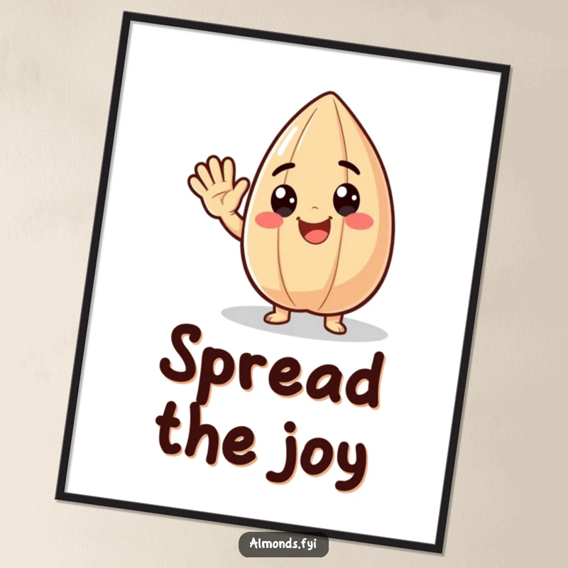 Funny digital art of a delighted almond character waving enthusiastically, offering a cheerful and happy visual.