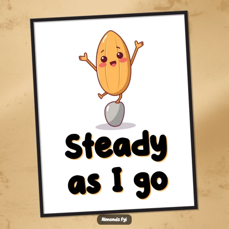 Funny digital art print of a cheerful almond character in a comical balancing pose, ready for framing.