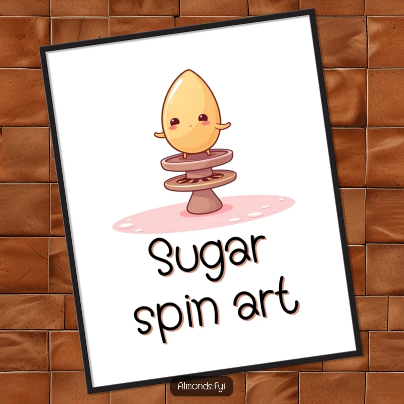Funny digital art print of a wobbly almond balancing on a spinning sugar top, whimsical and humorous wall decor.