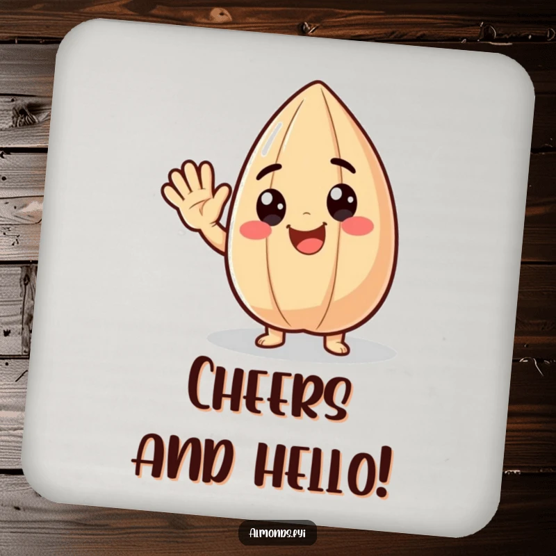 Funny drink coaster showcasing a delighted almond character waving enthusiastically, adding a touch of cheerful humor to drink protection.