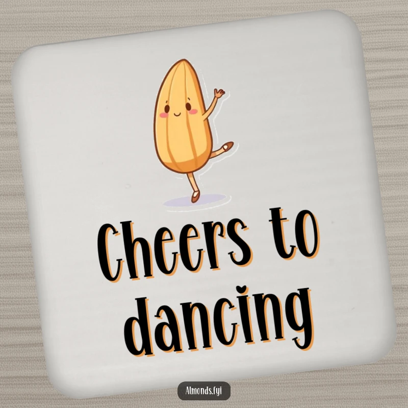 Funny drink coaster showing an almond character attempting ballet with comically awkward grace, adding a humorous touch to any table.