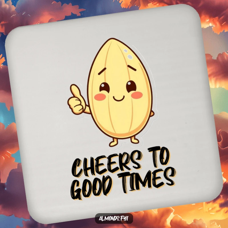 Funny drink coasters featuring a happy almond character giving a thumbs up, adding a positive and humorous touch to beverage settings.