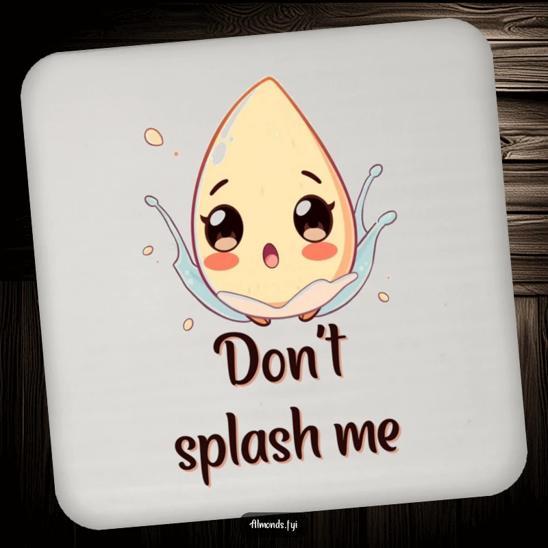 Funny almond character with exaggerated, surprised eyes in a playful splash on a drink coaster, adding humor.