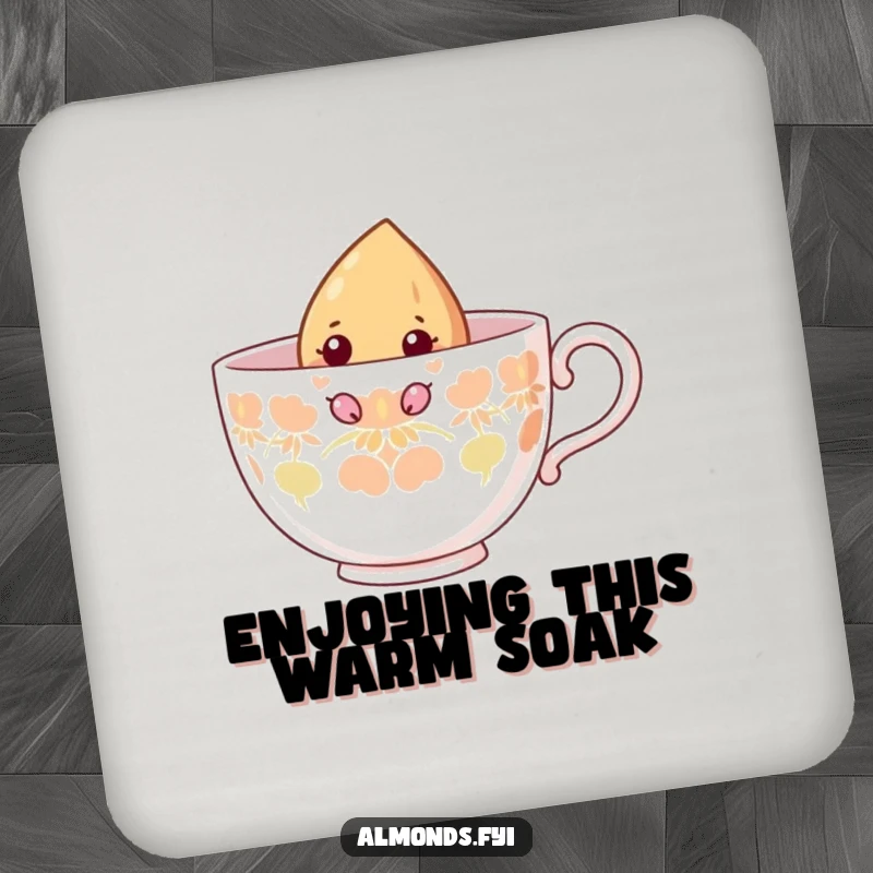 Funny drink coaster showing a curious almond character peeking from inside a large teacup, perfect for protecting surfaces.