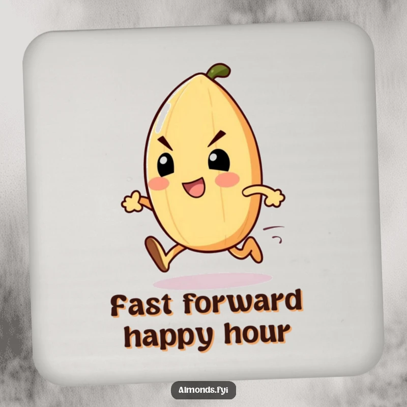 Funny Almond Runner Coasters: Determined almond character sprinting forward with focus, protecting surfaces with humor. Excellent funny gift.