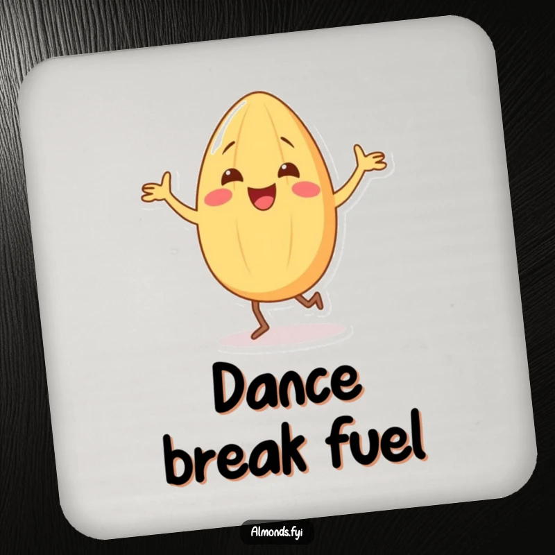 Funny coaster depicting a joyful almond character doing a silly dance with its tiny legs, adding humor to tabletops.