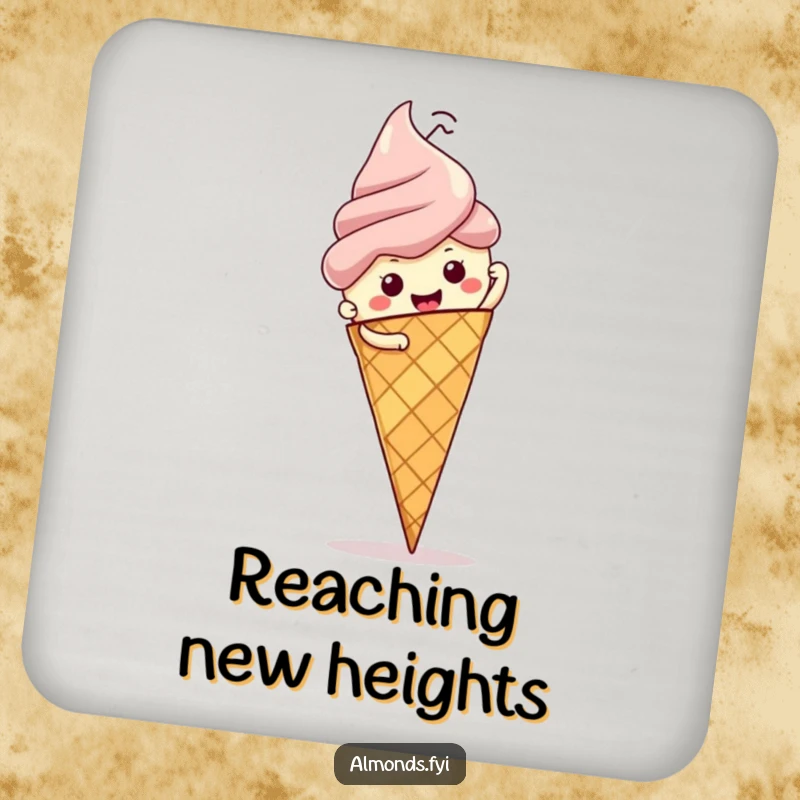 Funny drink coaster: determined almond character scaling a delicious ice cream cone, protecting your surfaces with a smile.