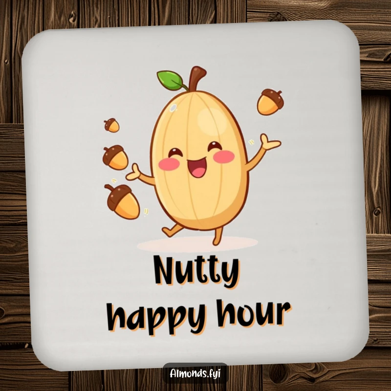 Funny Almond Juggler Coasters: Cheerful almond character gleefully juggling acorns, protecting surfaces with humor. Excellent funny gift.