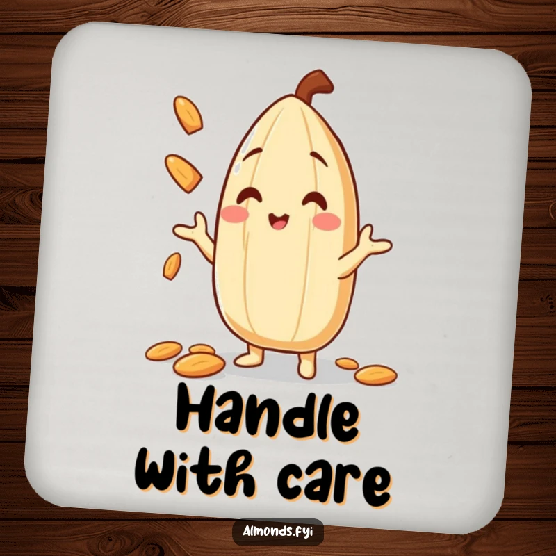 Funny Drink Coaster showcasing a smiling almond character juggling tiny almond slivers, adding nutty protection and humor to surfaces.