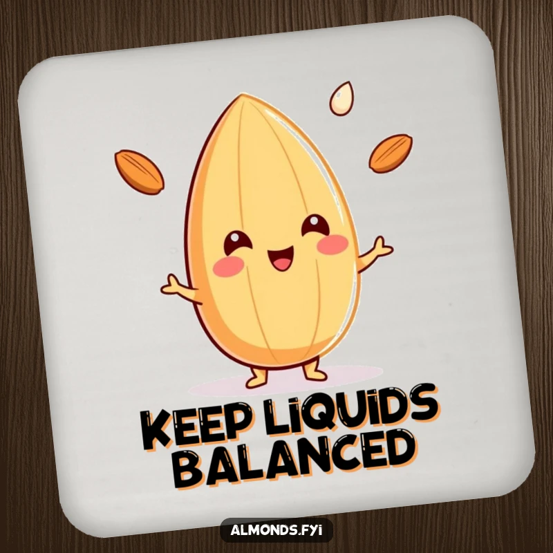 Funny drink coaster showing a cheerful almond character juggling three small drops of almond milk, protecting surfaces with style.