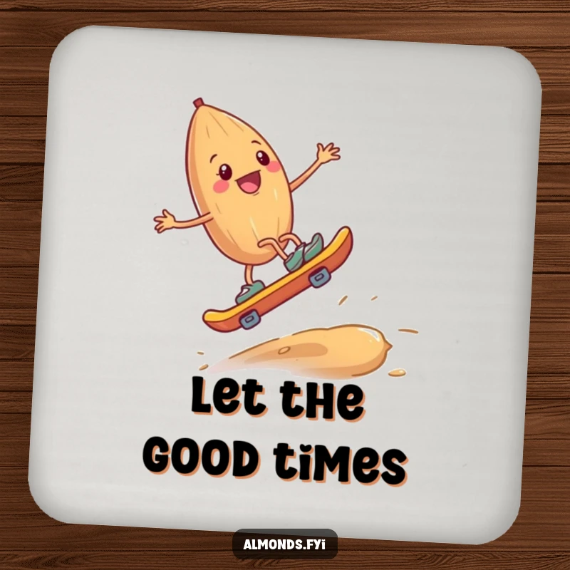 Funny drink coaster showing a happy almond with tiny legs skateboarding on a cashew, a humorous and practical addition to any table.