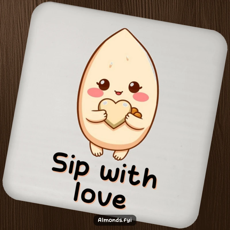 Funny drink coaster featuring a blushing almond character tenderly holding a miniature heart-shaped nut.