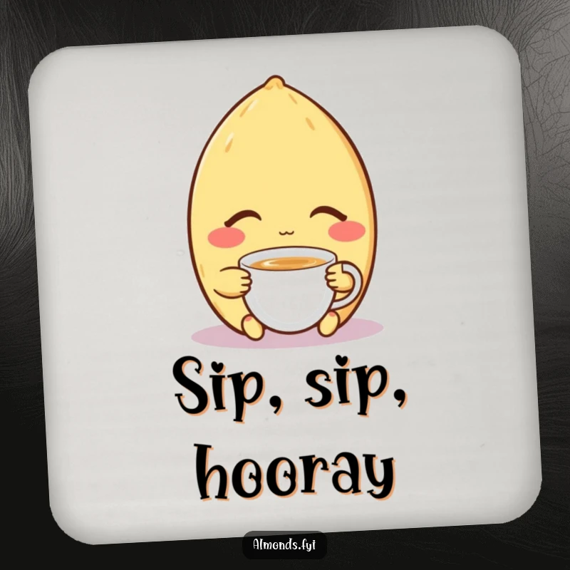 Funny drink coaster set depicting a contented almond character peacefully enjoying a tiny cup of tea, adding calm humor to surfaces.
