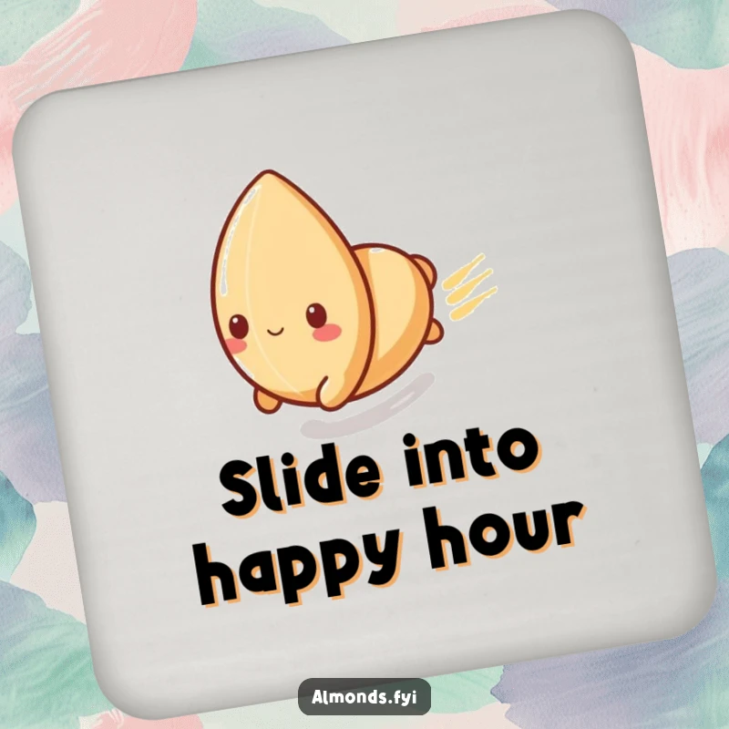 Funny drink coaster set depicting a playful almond character sliding rapidly down a polished surface, adding speed and humor to surfaces.