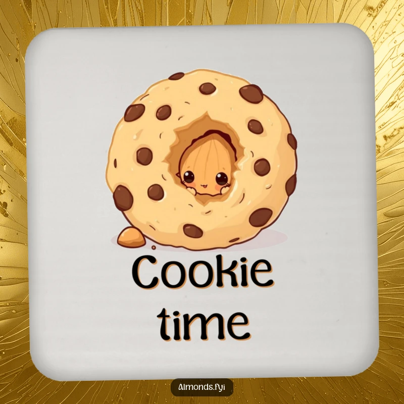 Funny drink coaster showing a curious almond character peeking from behind a huge cookie crumb, adding a humorous touch to any table.