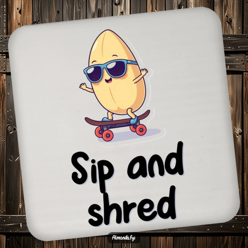 Funny coaster image of a smiling almond character in sunglasses riding a tiny skateboard, humorously protecting surfaces.