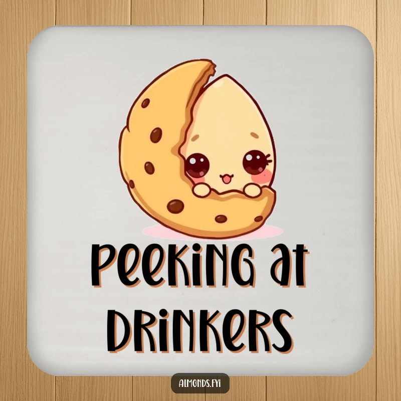 Funny drink coaster with a curious almond character peeking from behind a cookie, adding sweetness. Ideal funny gift.